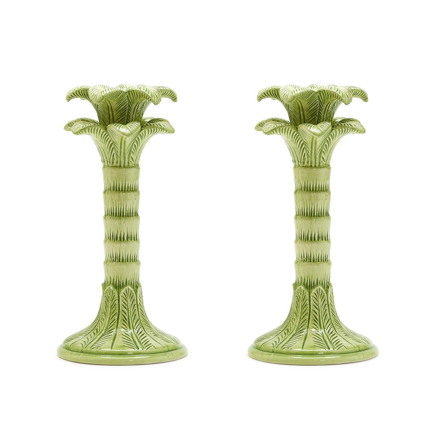 Green Palm Leaf Taper Candlestick Holder Set of 2