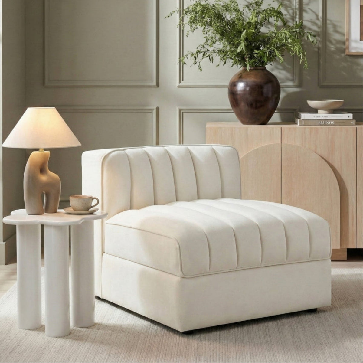 Rummi Cream Velvet Performance Fabric Upholstered Modular Chair