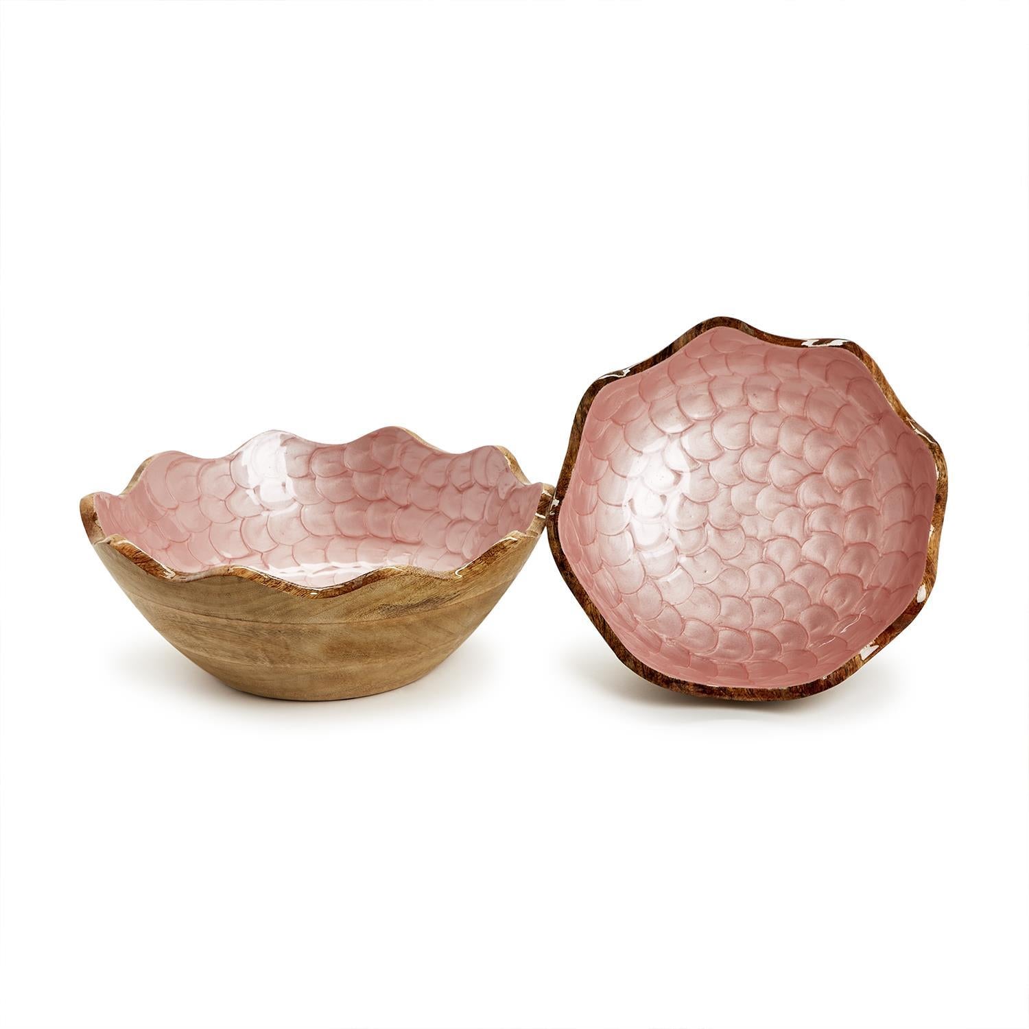 Shimmering Rose Scalloped Edge Wood Bowl Set of 2