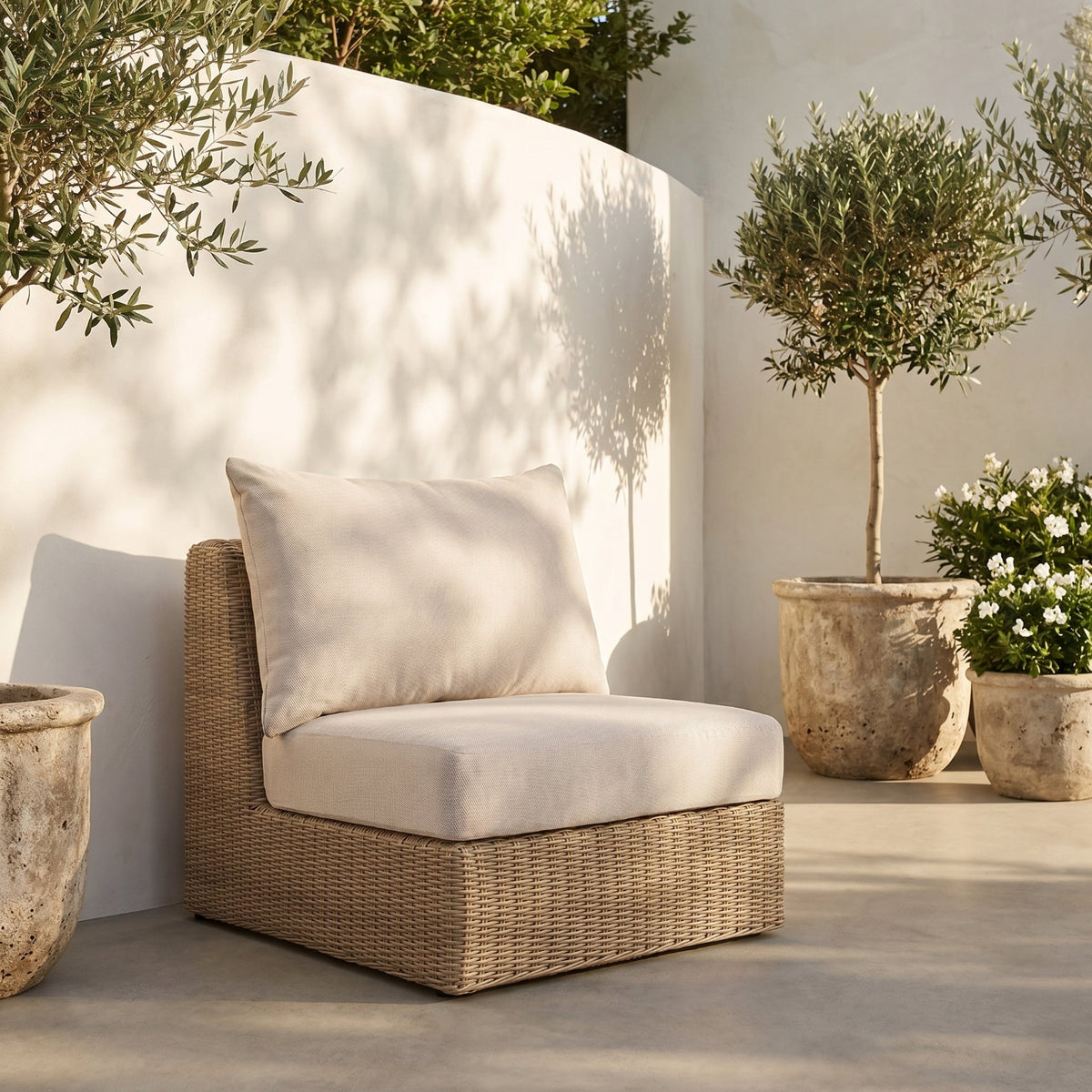 Seacrest Beige Olefin Water Resistant Fabric And Wicker Outdoor Patio Armless Chair