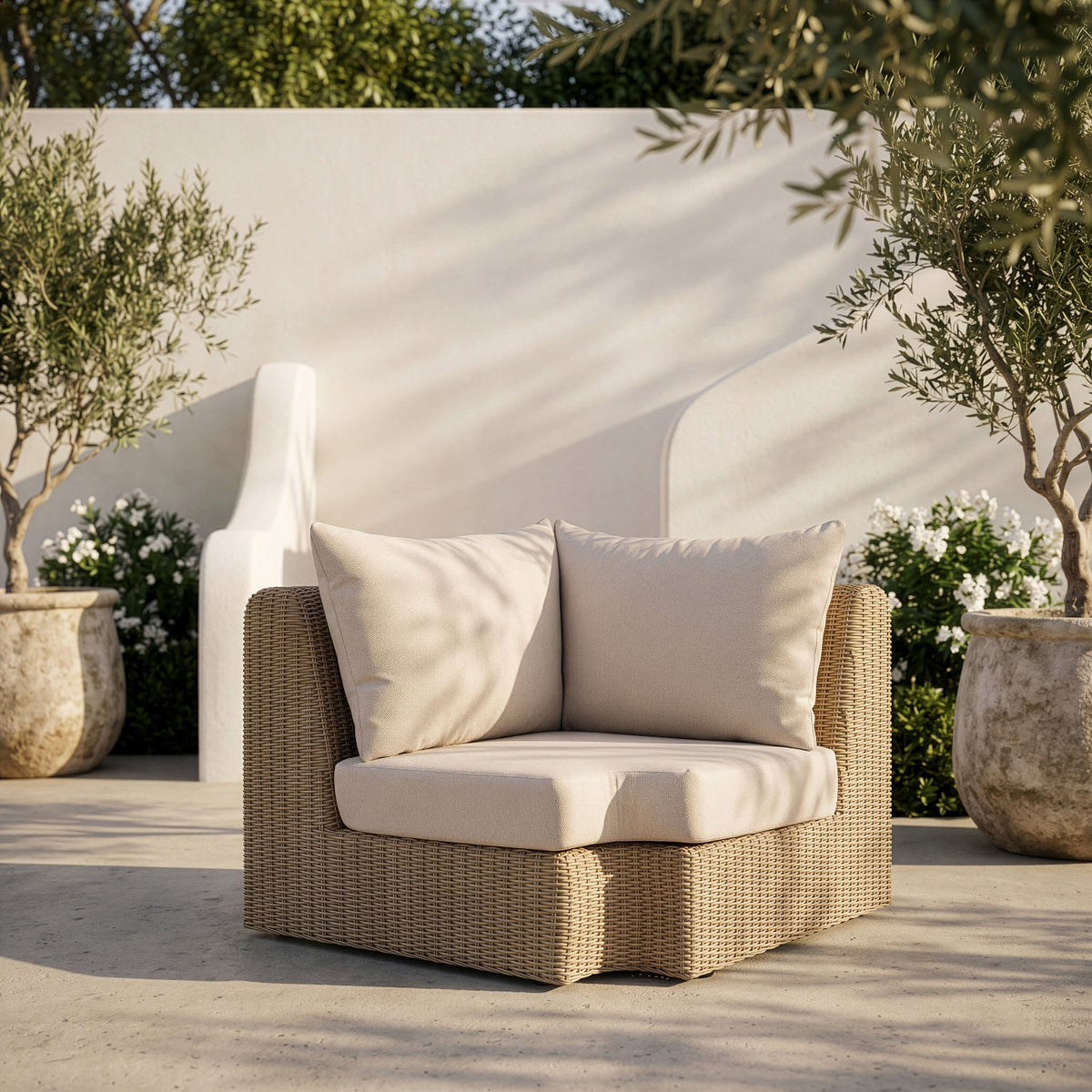 Seacrest Beige Olefin Water Resistant Fabric And Wicker Outdoor Patio Corner Chair
