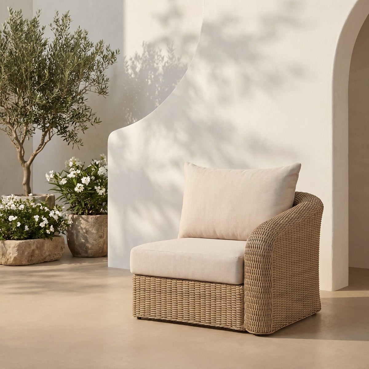 Seacrest Beige Olefin Water Resistant Fabric And Wicker Outdoor Patio Right Arm Chair