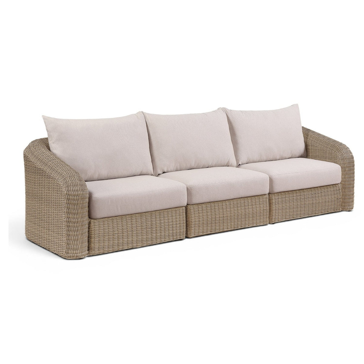 Seacrest Beige Olefin and Wicker 3pc Outdoor Modular Sofa in beige olefin and natural wicker, primary product view