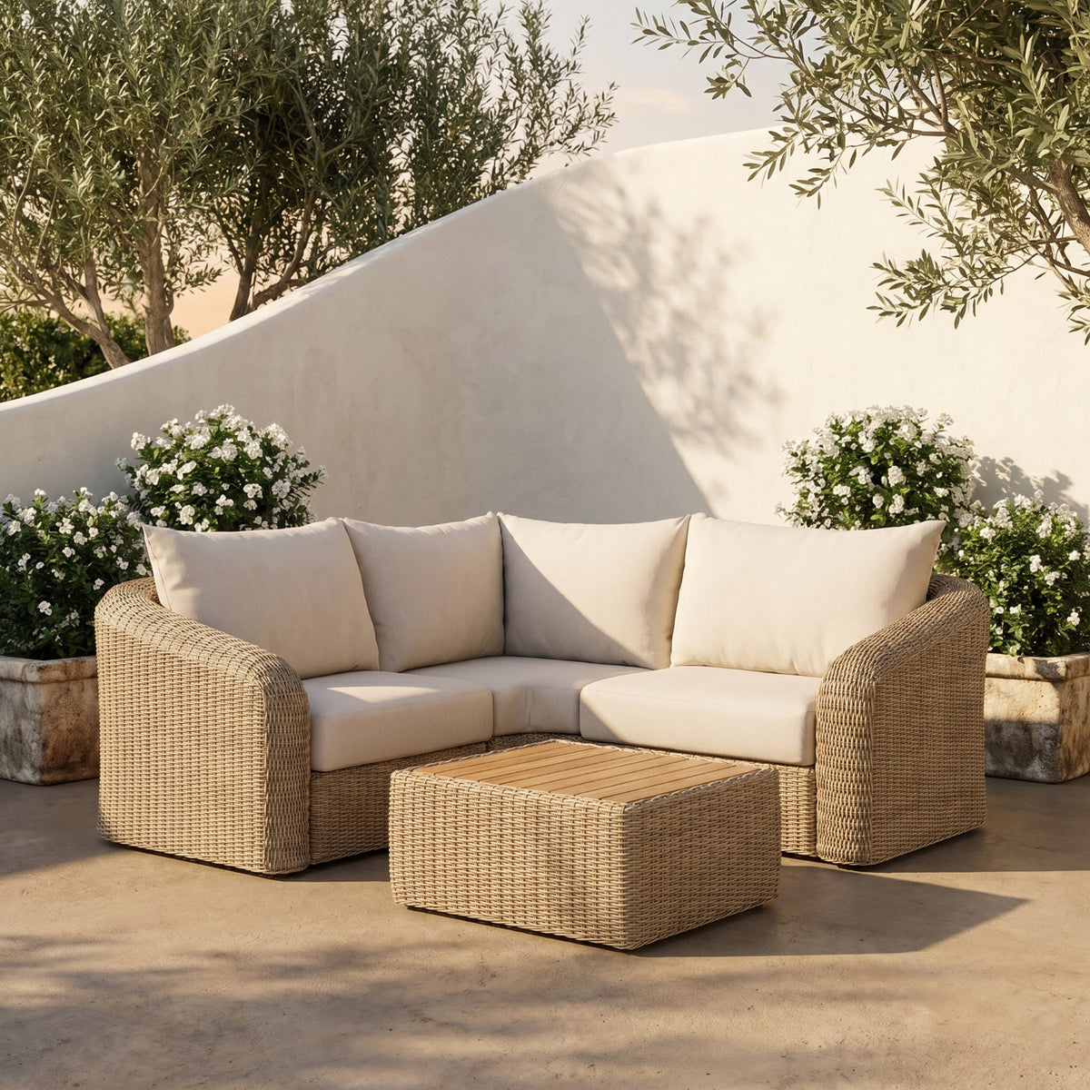 Seacrest 88.25in Beige Olefin Water Resistant Fabric And Wicker 3 Piece Outdoor Patio Modular Sectional Sofa