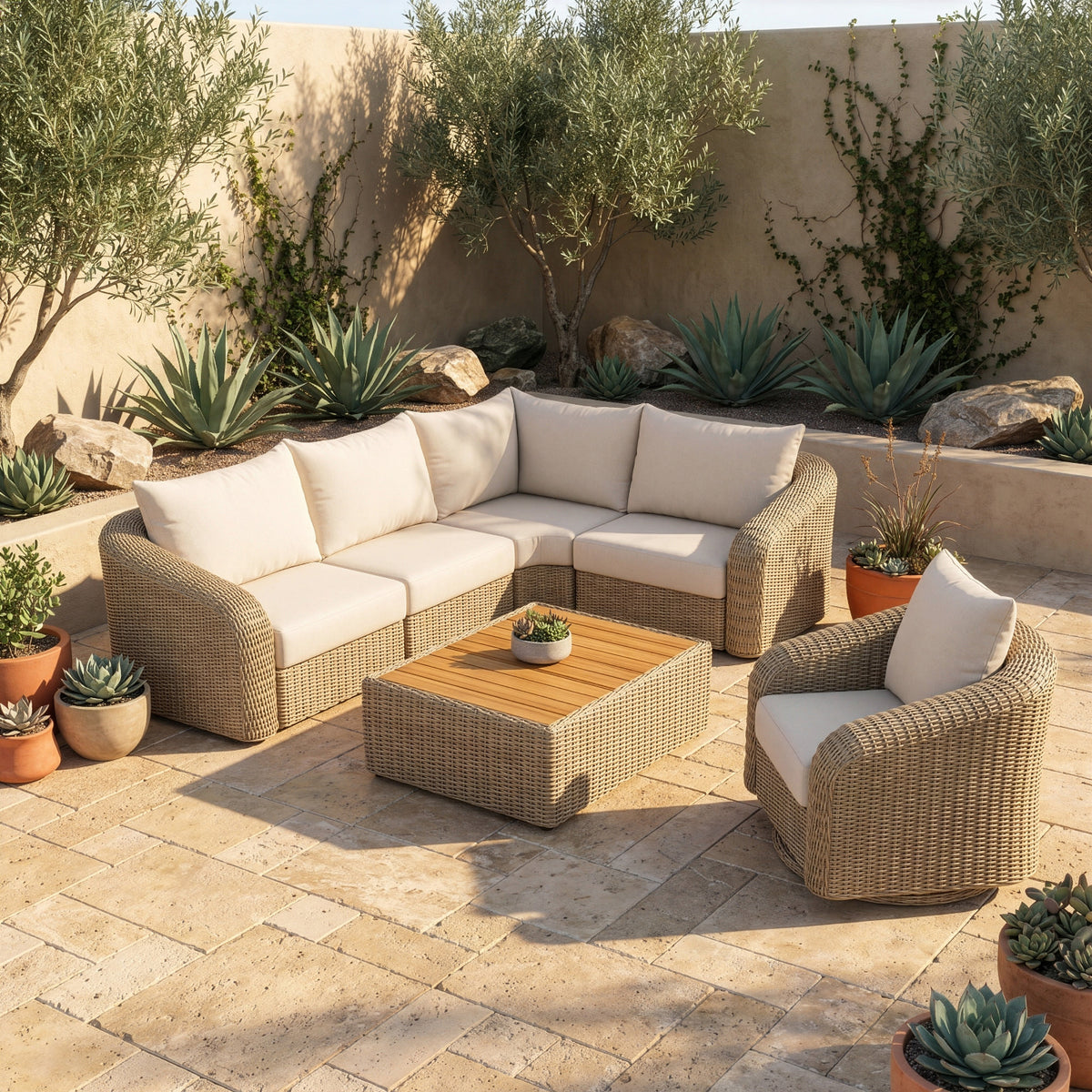 Seacrest 123.25in Beige Olefin Water Resistant Fabric And Wicker 4 Piece Outdoor Patio Modular Sectional Sofa