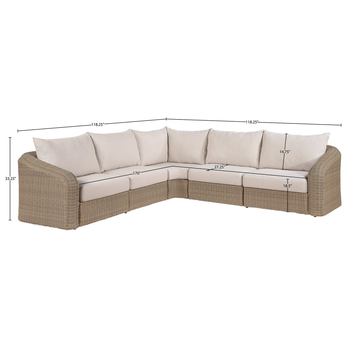 Seacrest 123.25in Beige Olefin Water Resistant Fabric And Wicker 5 Piece Outdoor Patio Modular Sectional Sofa