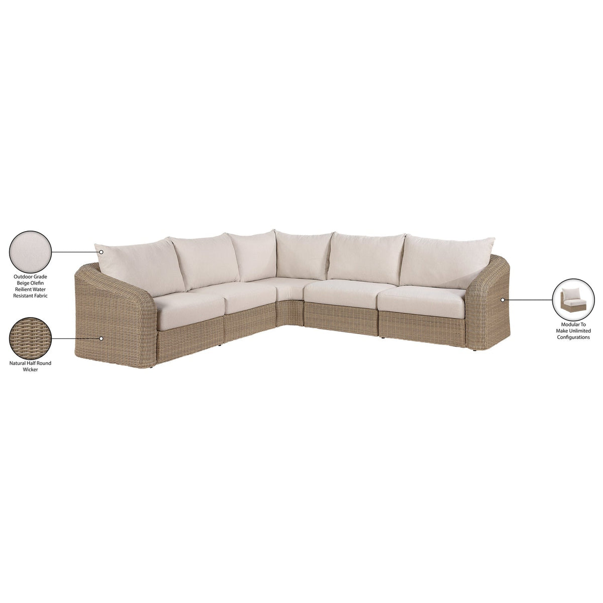 Seacrest 123.25in Beige Olefin Water Resistant Fabric And Wicker 5 Piece Outdoor Patio Modular Sectional Sofa