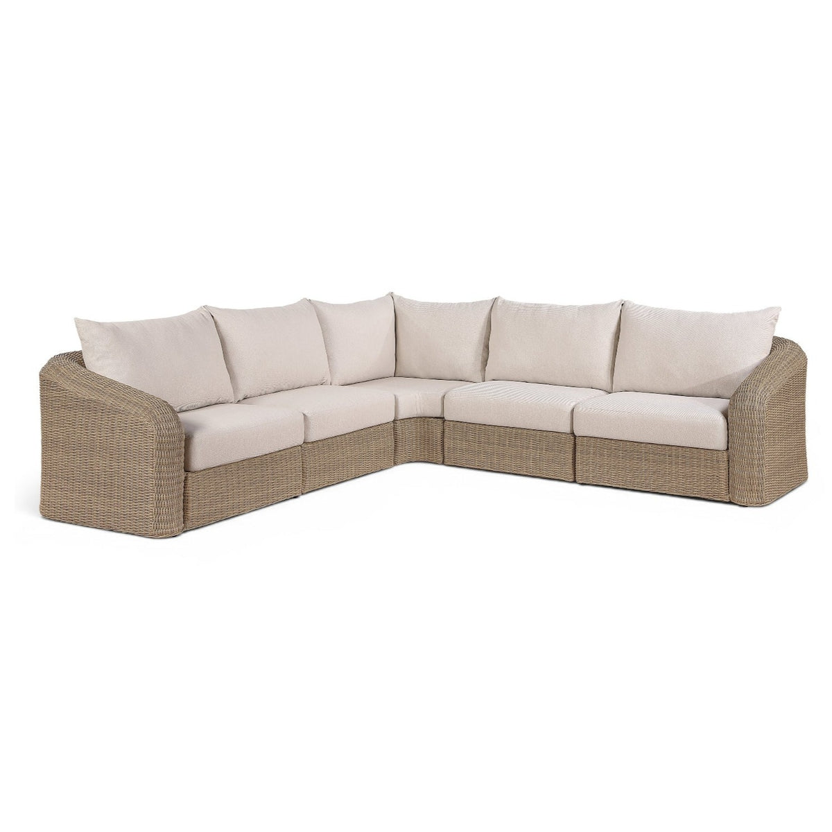 Seacrest Beige Olefin and Wicker 5pc Outdoor Modular Sectional in beige olefin, deep layout, primary product view