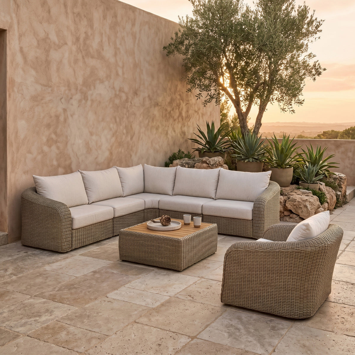 Seacrest 123.25in Beige Olefin Water Resistant Fabric And Wicker 5 Piece Outdoor Patio Modular Sectional Sofa