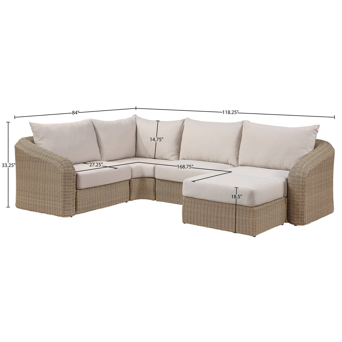 Seacrest 123.25in Beige Olefin Water Resistant Fabric And Wicker 5 Piece Outdoor Patio Modular Sectional Sofa