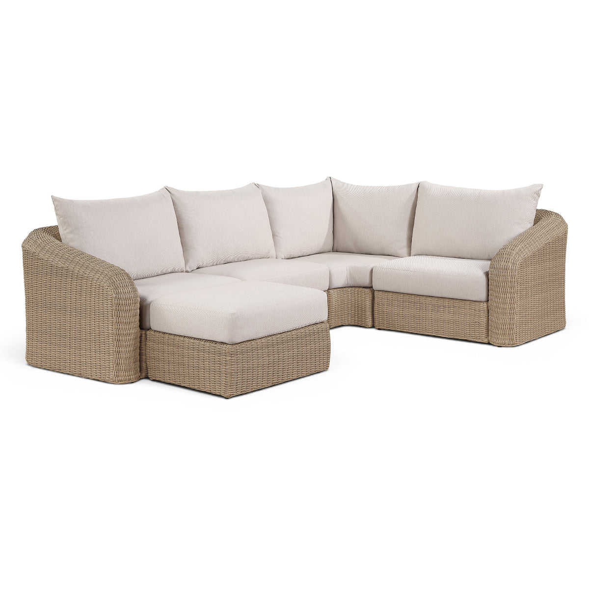 Seacrest Beige Olefin and Wicker 5pc Outdoor Modular Sectional in beige olefin with aluminum frame, primary product view