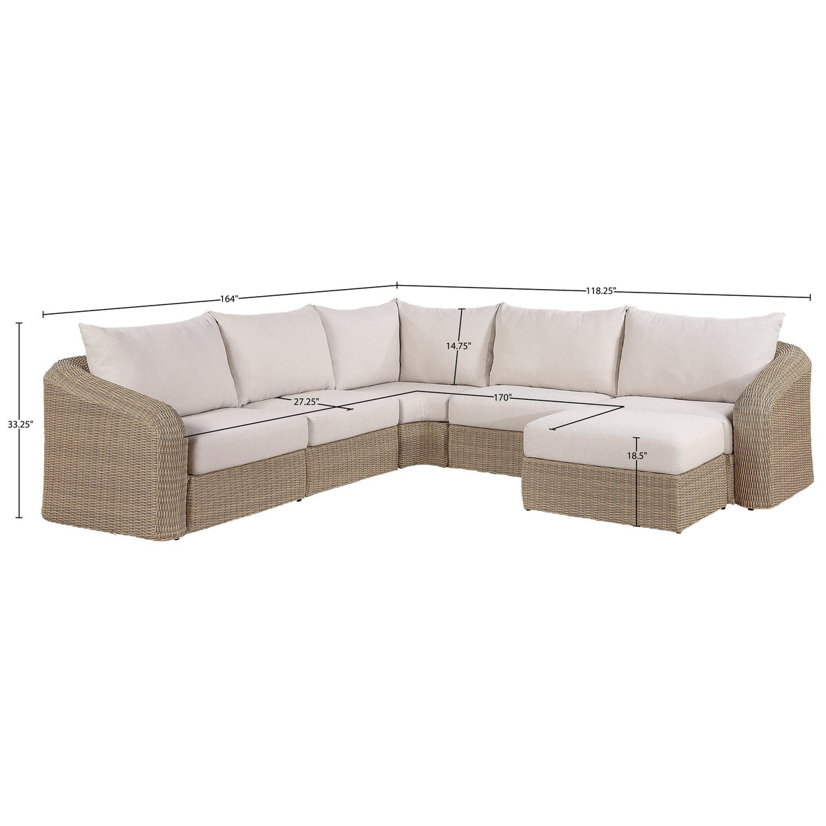 Seacrest 123.25in Beige Olefin Water Resistant Fabric And Wicker 6 Piece Outdoor Patio Modular Sectional Sofa