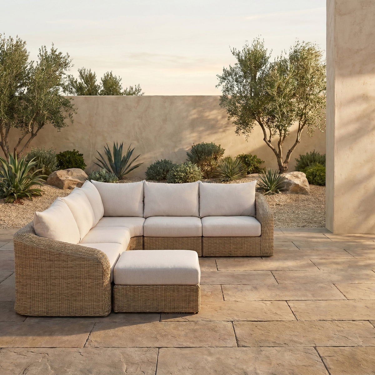 Seacrest 123.25in Beige Olefin Water Resistant Fabric And Wicker 6 Piece Outdoor Patio Modular Sectional Sofa