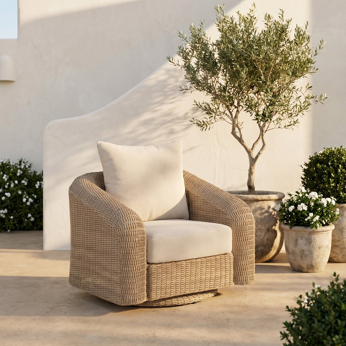 Seacrest Beige Olefin Water Resistant Fabric And Wicker Outdoor Patio Swivel Chair