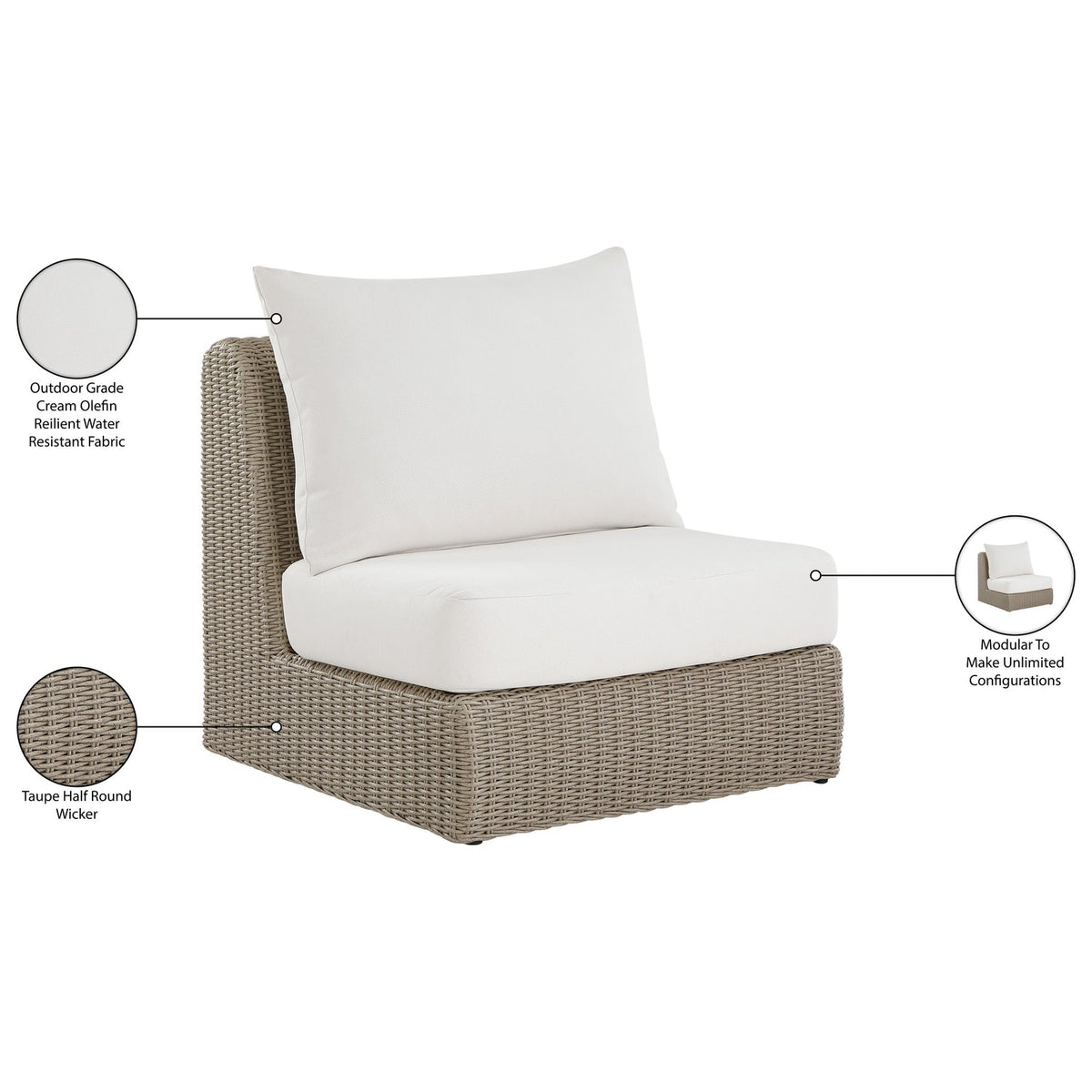 Seacrest Cream Olefin Water Resistant Fabric And Wicker Outdoor Patio Armless Chair
