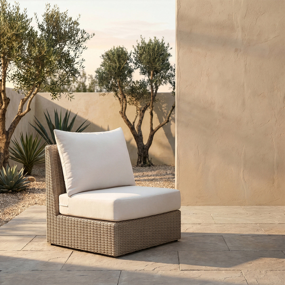 Seacrest Cream Olefin Water Resistant Fabric And Wicker Outdoor Patio Armless Chair