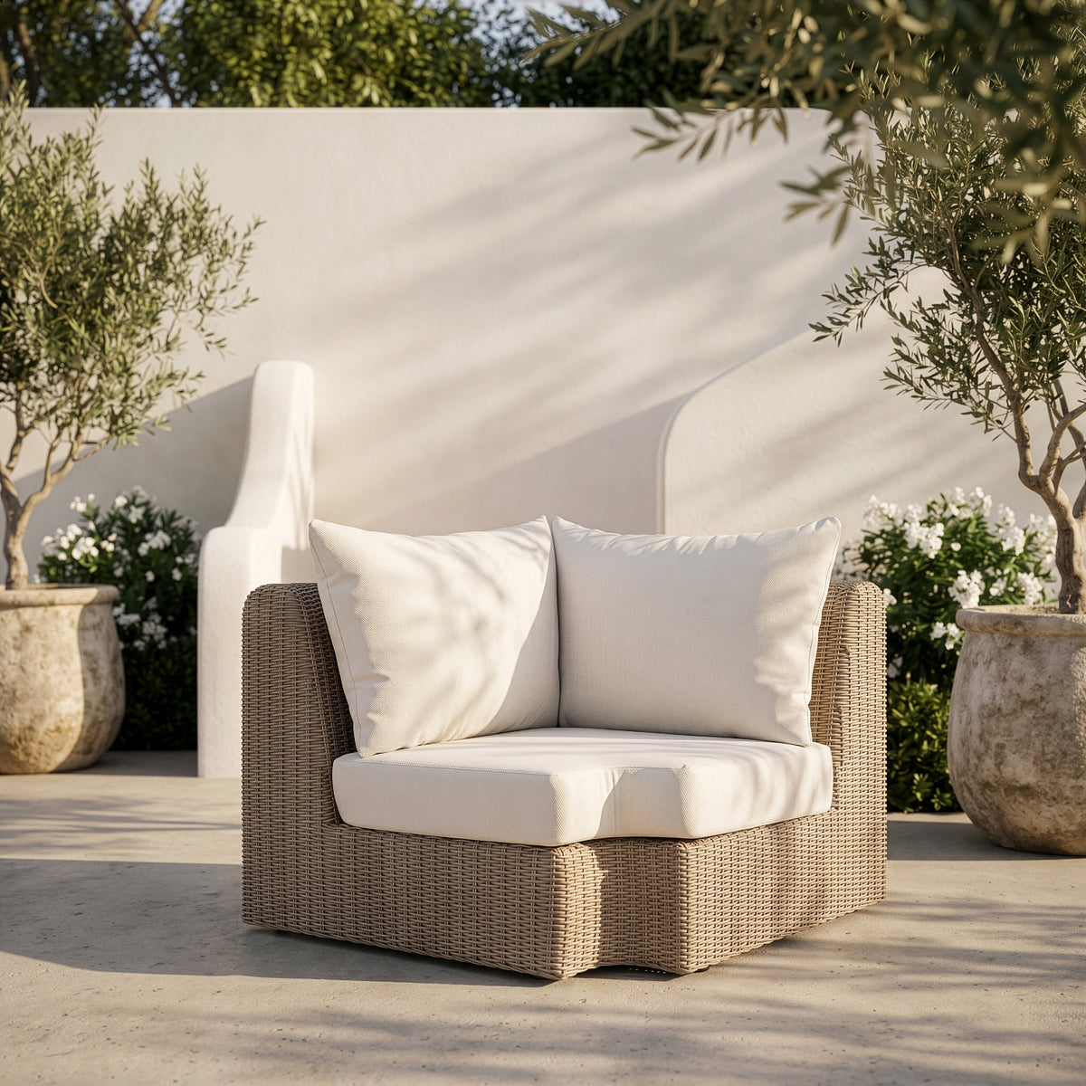 Seacrest Cream Olefin Water Resistant Fabric And Wicker Outdoor Patio Corner Chair