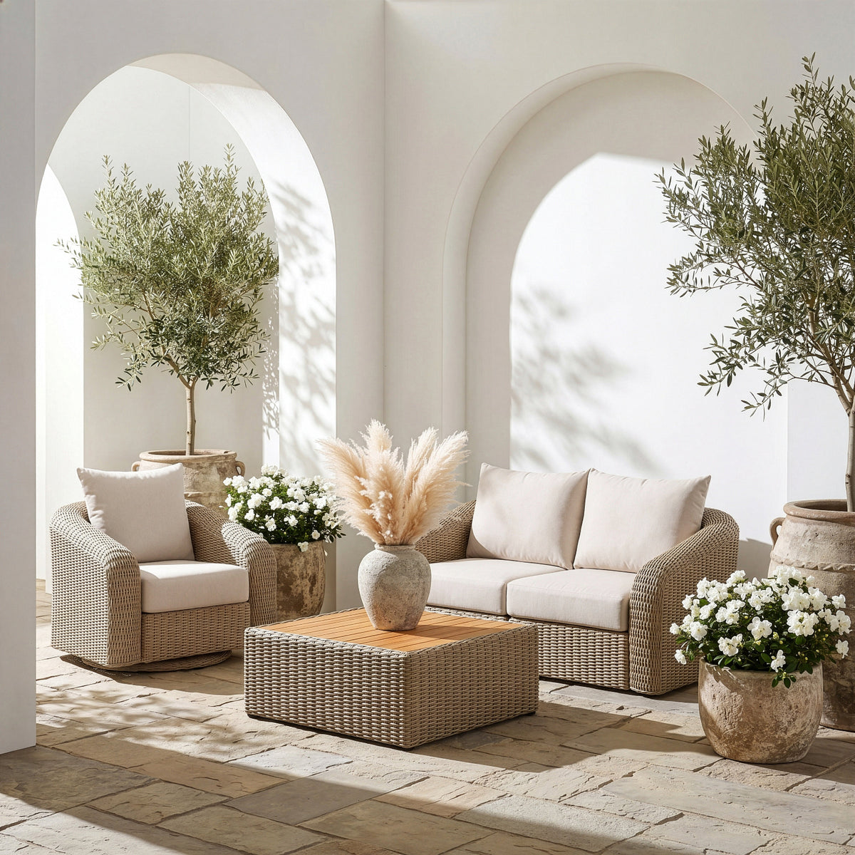 Seacrest 85.25in Cream Olefin Water Resistant Fabric And Wicker 2 Piece Outdoor Patio Modular Loveseat