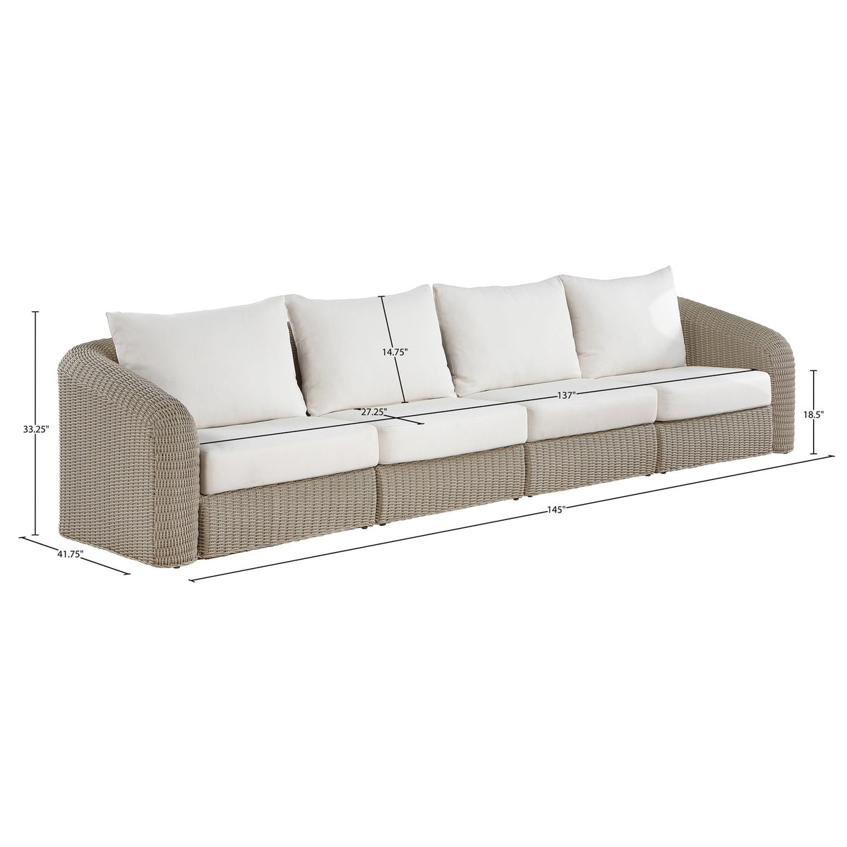 Seacrest 155.25in Cream Olefin Water Resistant Fabric And Wicker 4 Piece Outdoor Patio Modular Sofa
