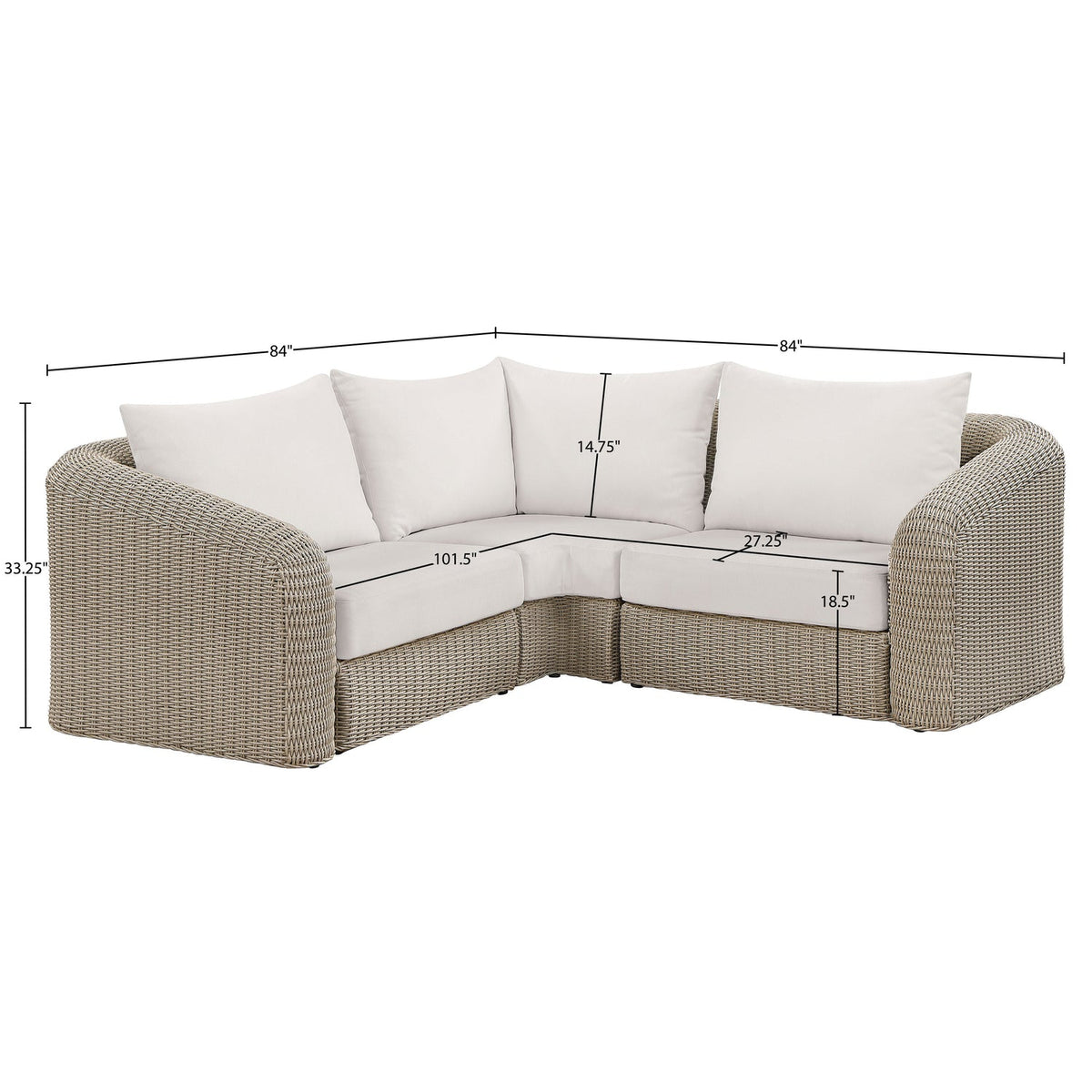 Seacrest 88.25in Cream Olefin Water Resistant Fabric And Wicker 3 Piece Outdoor Patio Modular Sectional Sofa