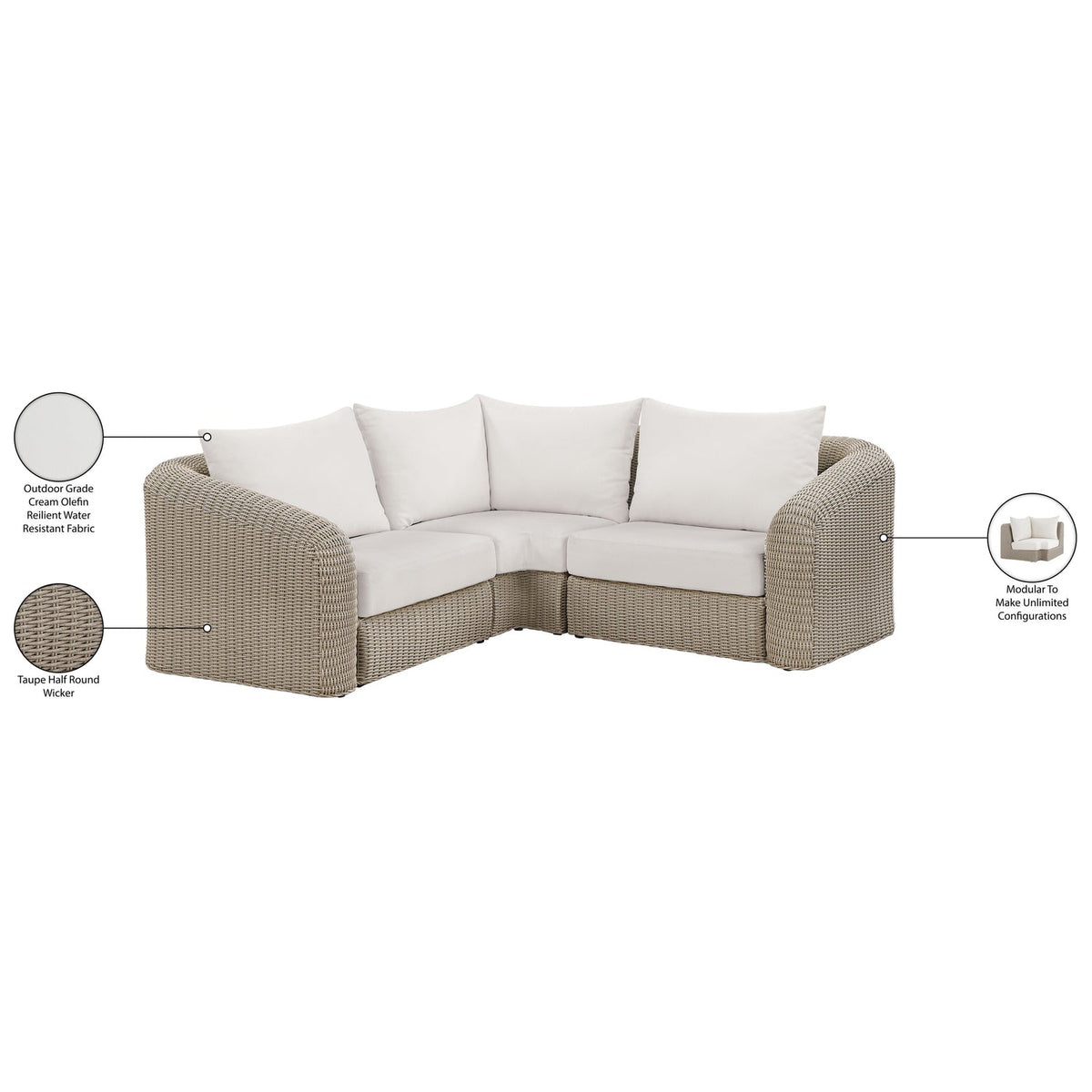 Seacrest 88.25in Cream Olefin Water Resistant Fabric And Wicker 3 Piece Outdoor Patio Modular Sectional Sofa