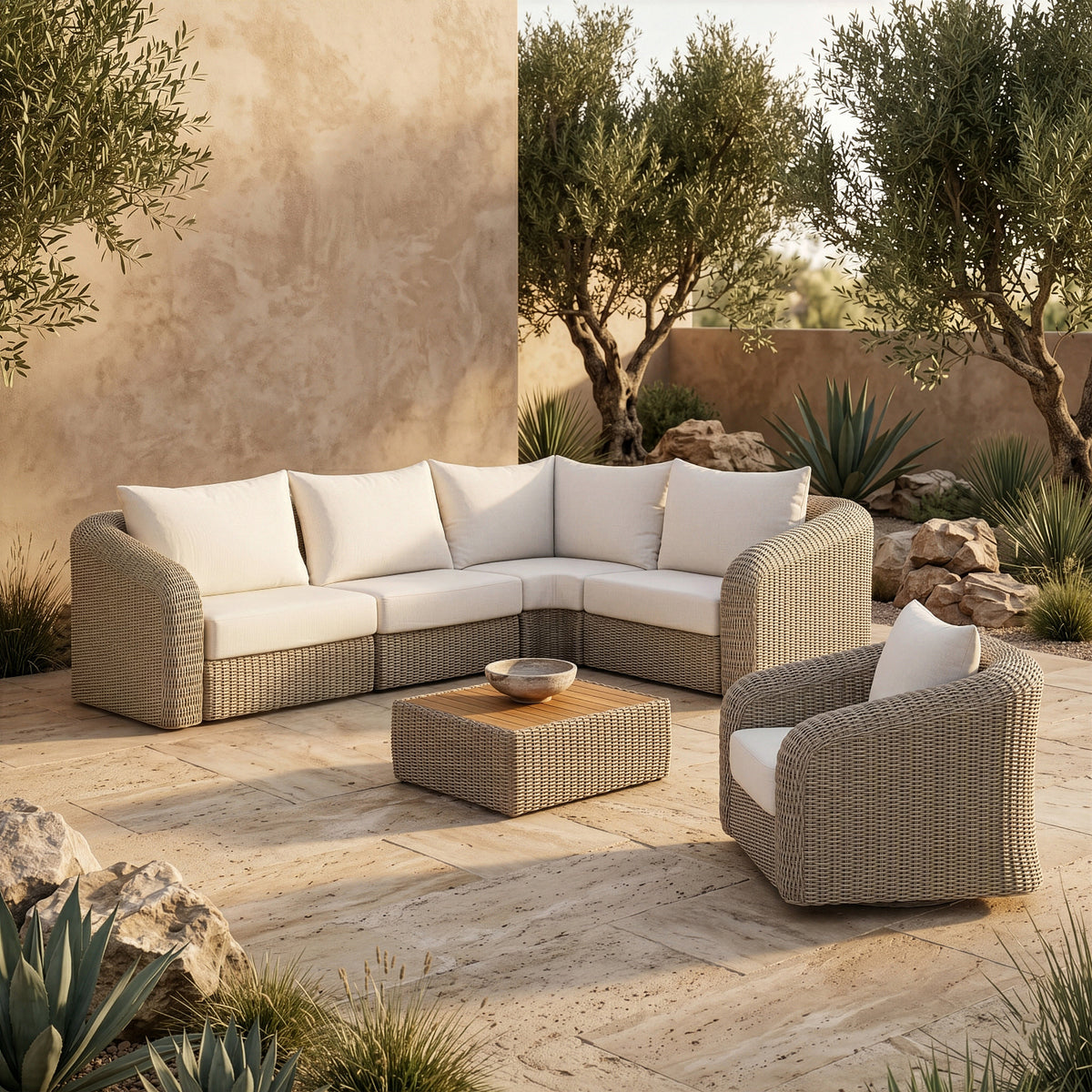 Seacrest 123.25in Cream Olefin Water Resistant Fabric And Wicker 4 Piece Outdoor Patio Modular Sectional Sofa