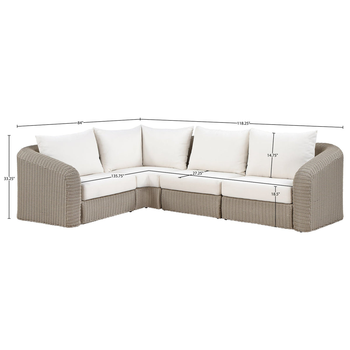 Seacrest 88.25in Cream Olefin Water Resistant Fabric And Wicker 4 Piece Outdoor Patio Modular Sectional Sofa