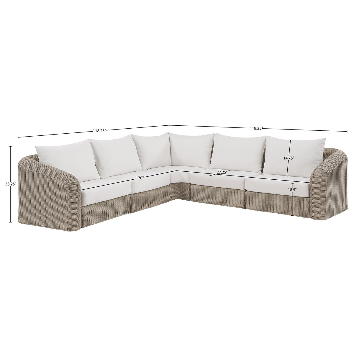 Seacrest 123.25in Cream Olefin Water Resistant Fabric And Wicker 5 Piece Outdoor Patio Modular Sectional Sofa