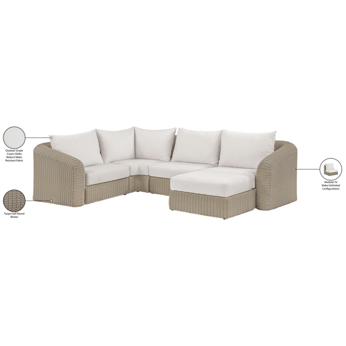 Seacrest 123.25in Cream Olefin Water Resistant Fabric And Wicker 5 Piece Outdoor Patio Modular Sectional Sofa