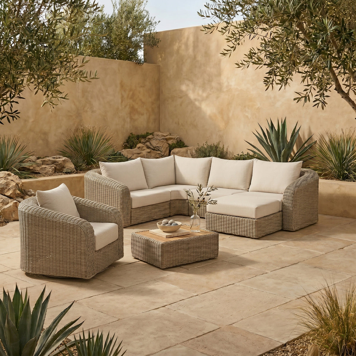 Seacrest 123.25in Cream Olefin Water Resistant Fabric And Wicker 5 Piece Outdoor Patio Modular Sectional Sofa