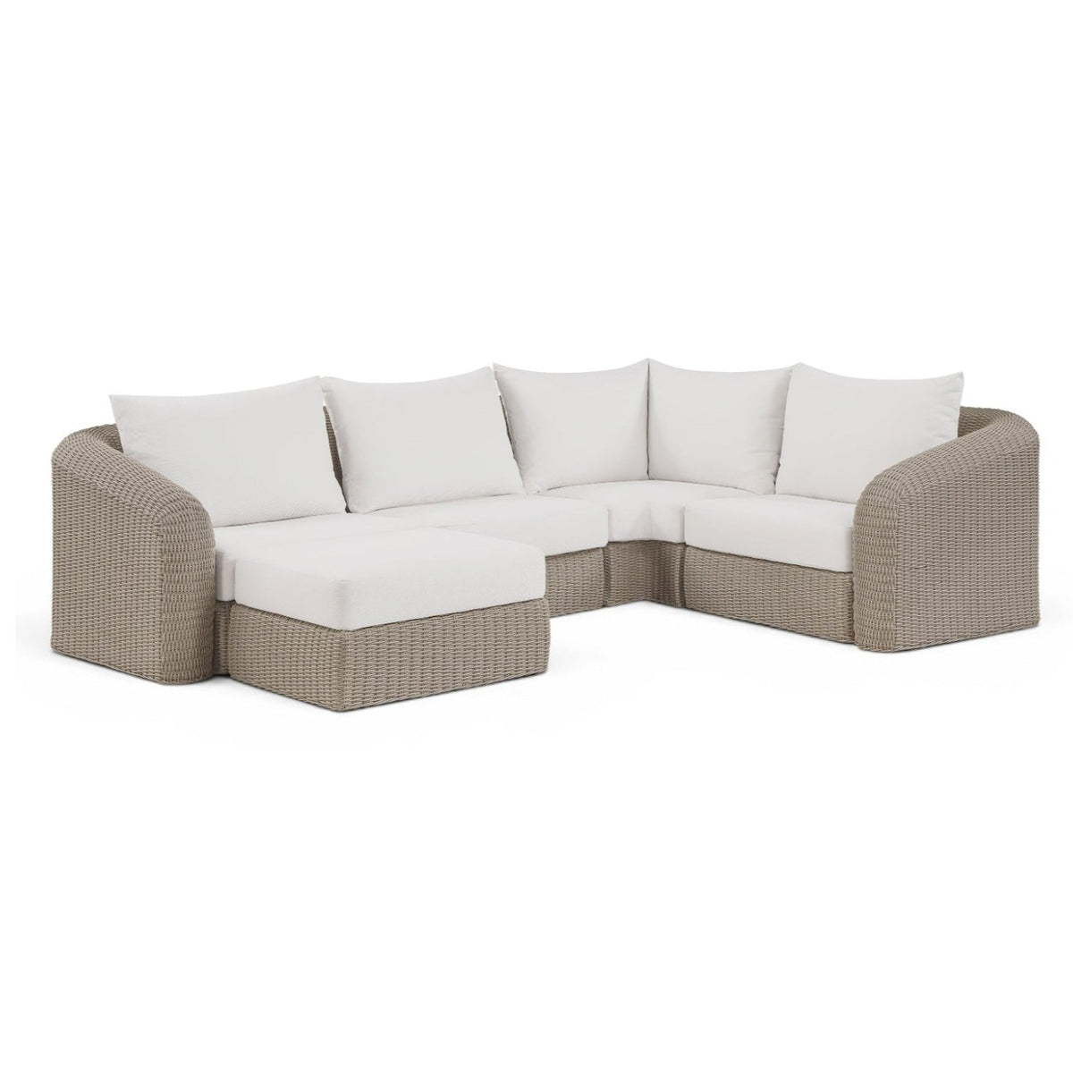 Seacrest Cream Olefin and Wicker 5pc Outdoor Modular Sectional in cream olefin with aluminum frame, primary product view