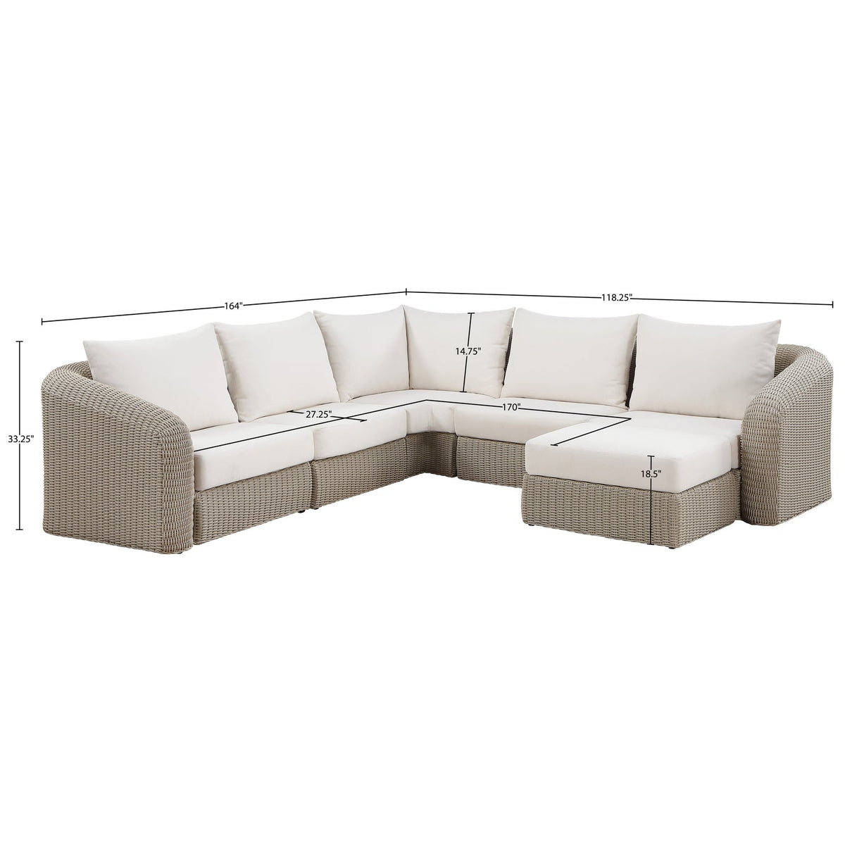 Seacrest 123.25in Cream Olefin Water Resistant Fabric And Wicker 6 Piece Outdoor Patio Modular Sectional Sofa