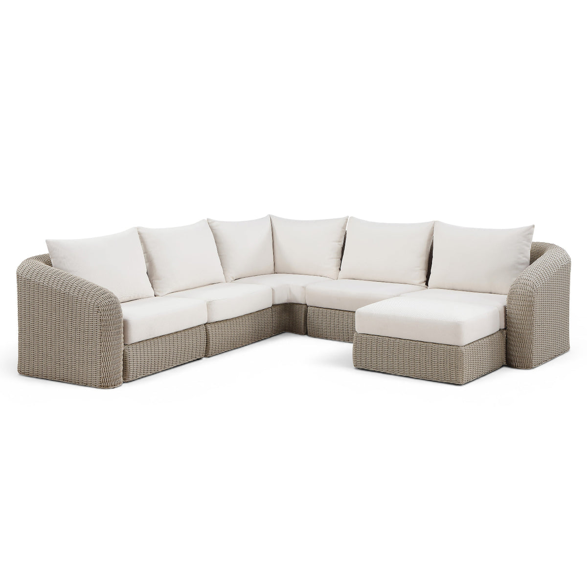 Seacrest Cream Olefin and Wicker 6pc Outdoor Modular Sectional in cream olefin and taupe wicker, primary product view