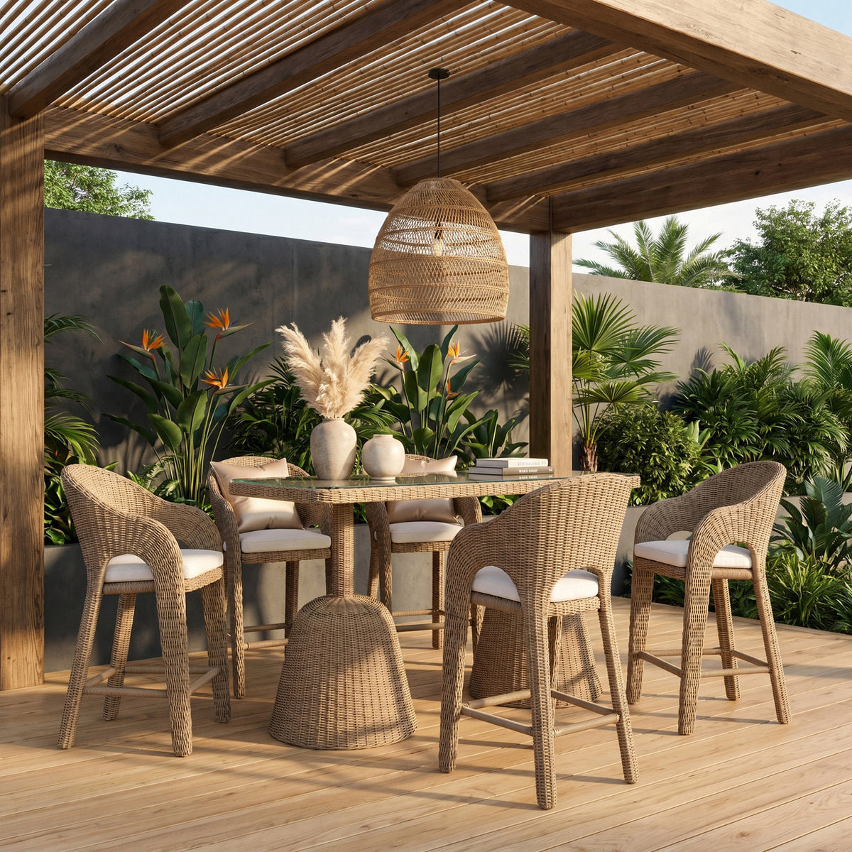 Seacrest 60in Natural Tempered Glass Top And Wicker Outdoor Patio Bar Table