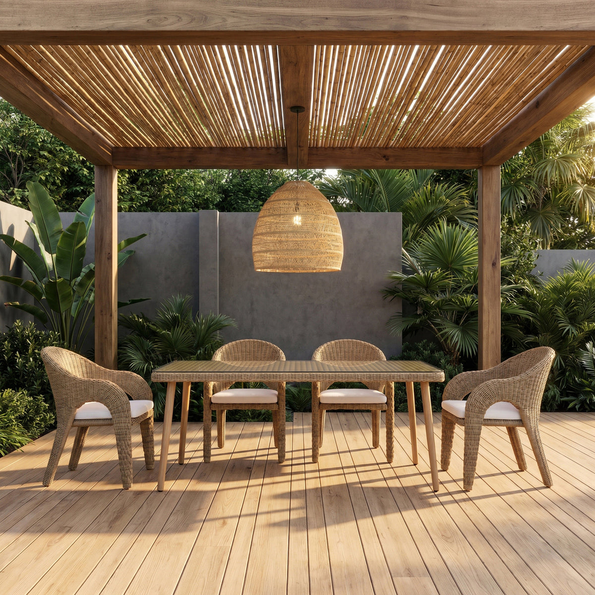 Seacrest 96in Natural Tempered Glass Top And Wicker Outdoor Patio Dining Table