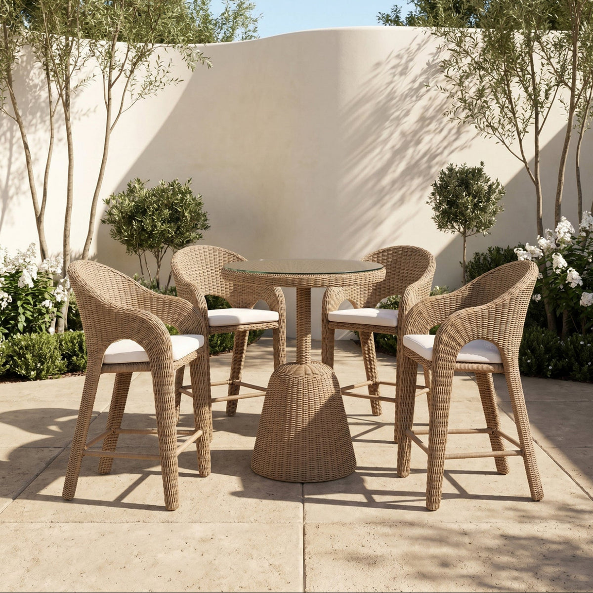 Seacrest Natural Olefin Water Resistant Fabric And Wicker Outdoor Patio Bar Stool