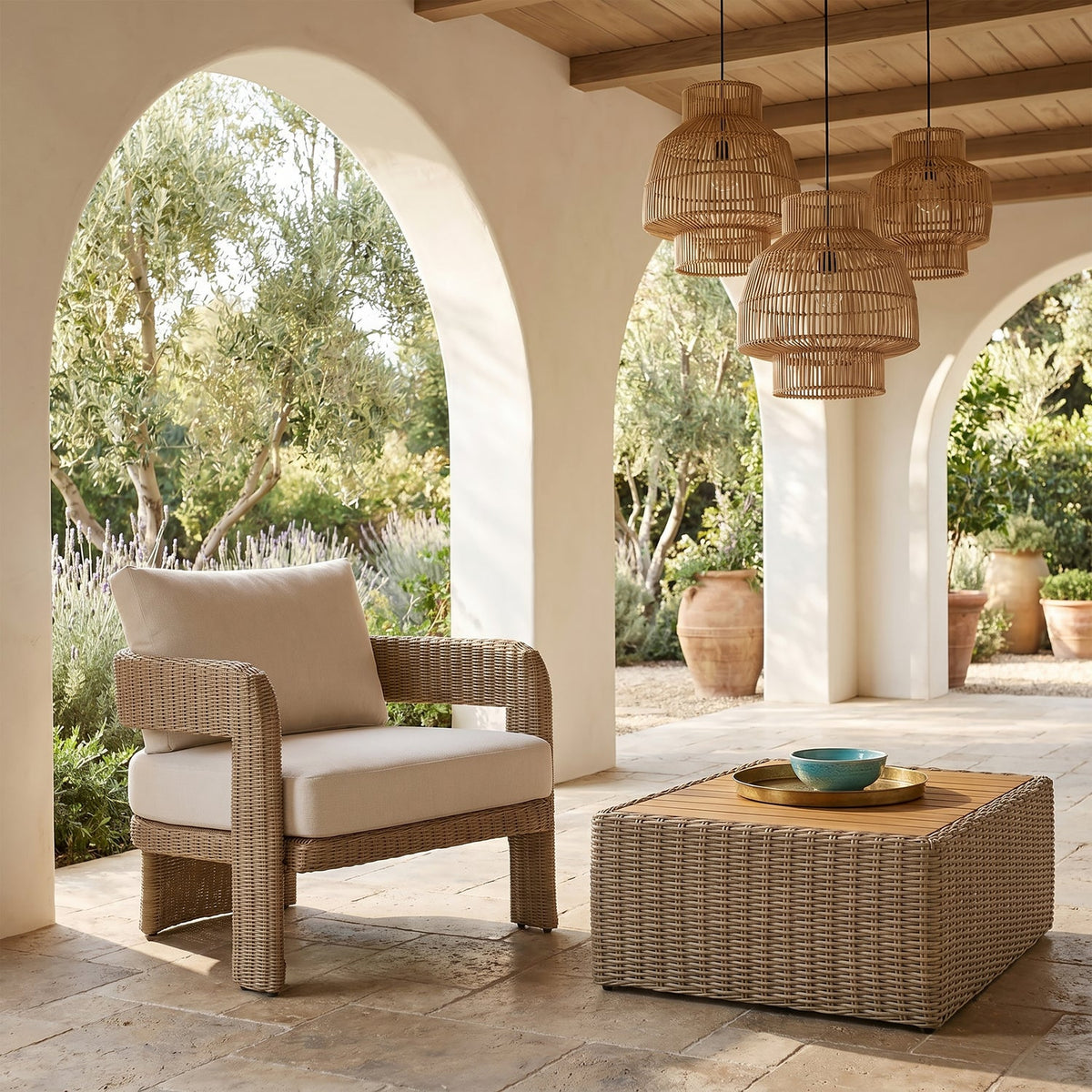 Sandbay Beige Olefin Water Resistant Fabric And Wicker Outdoor Patio Accent Chair