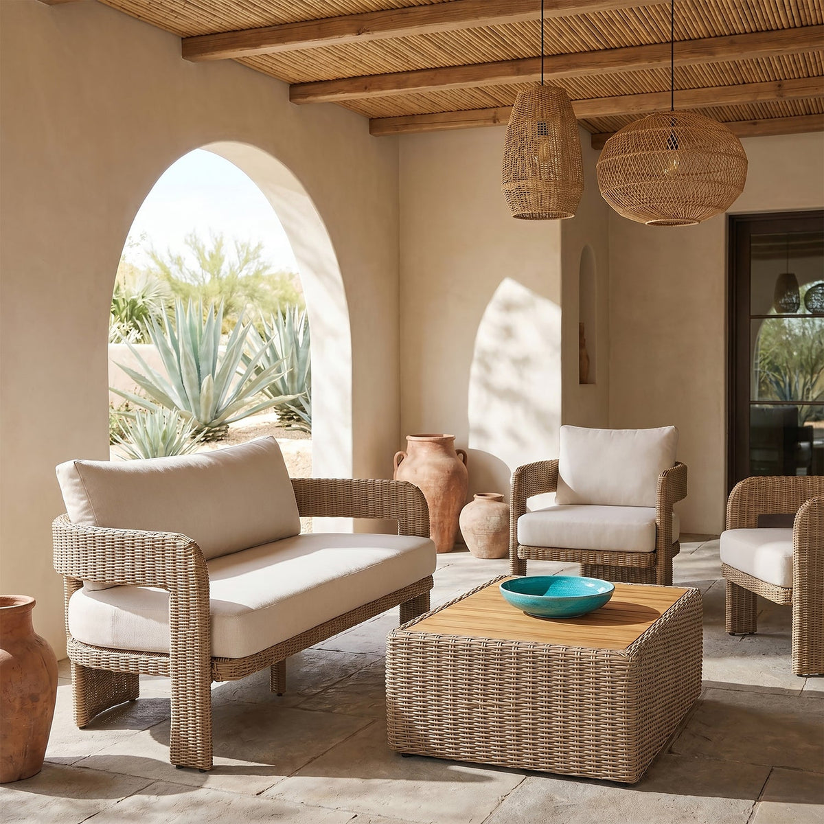 Sandbay 6 15in Beige Olefin Water Resistant Fabric And Wicker Outdoor Patio Loveseat
