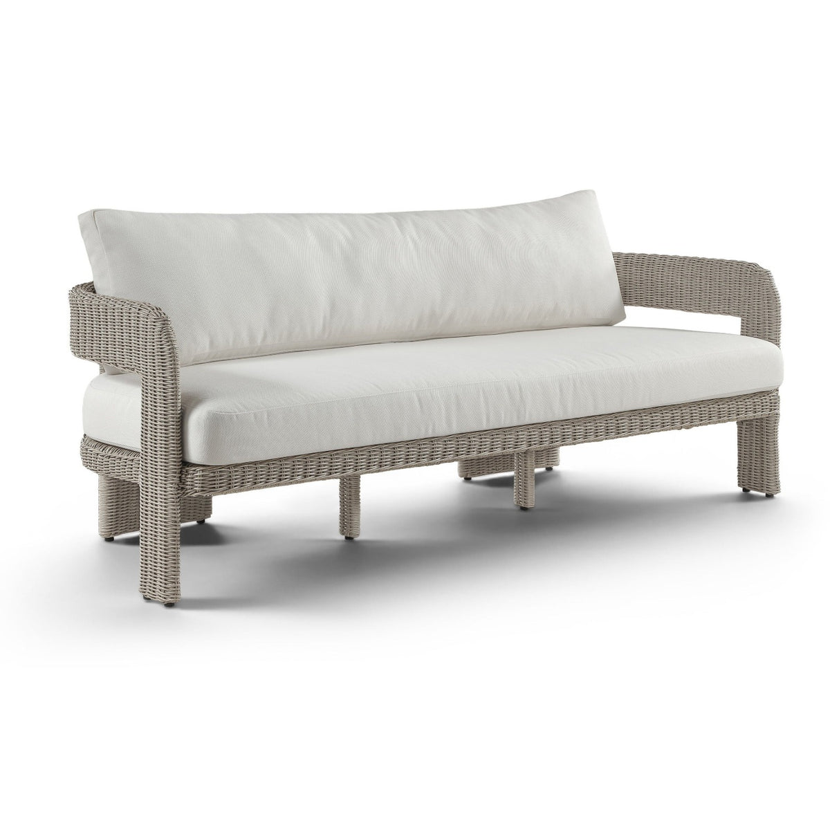 Sandbay 83.5" Cream Olefin Fabric And Wicker Outdoor Patio Sofa in cream olefin and taupe wicker, product view