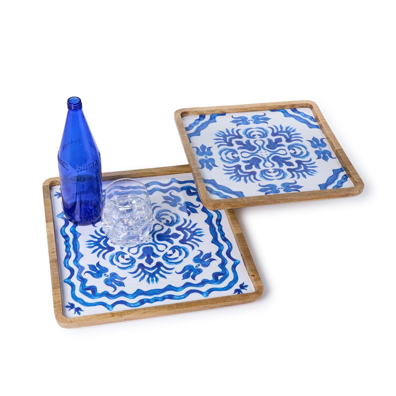 Blue Block Print Tray Set of 2