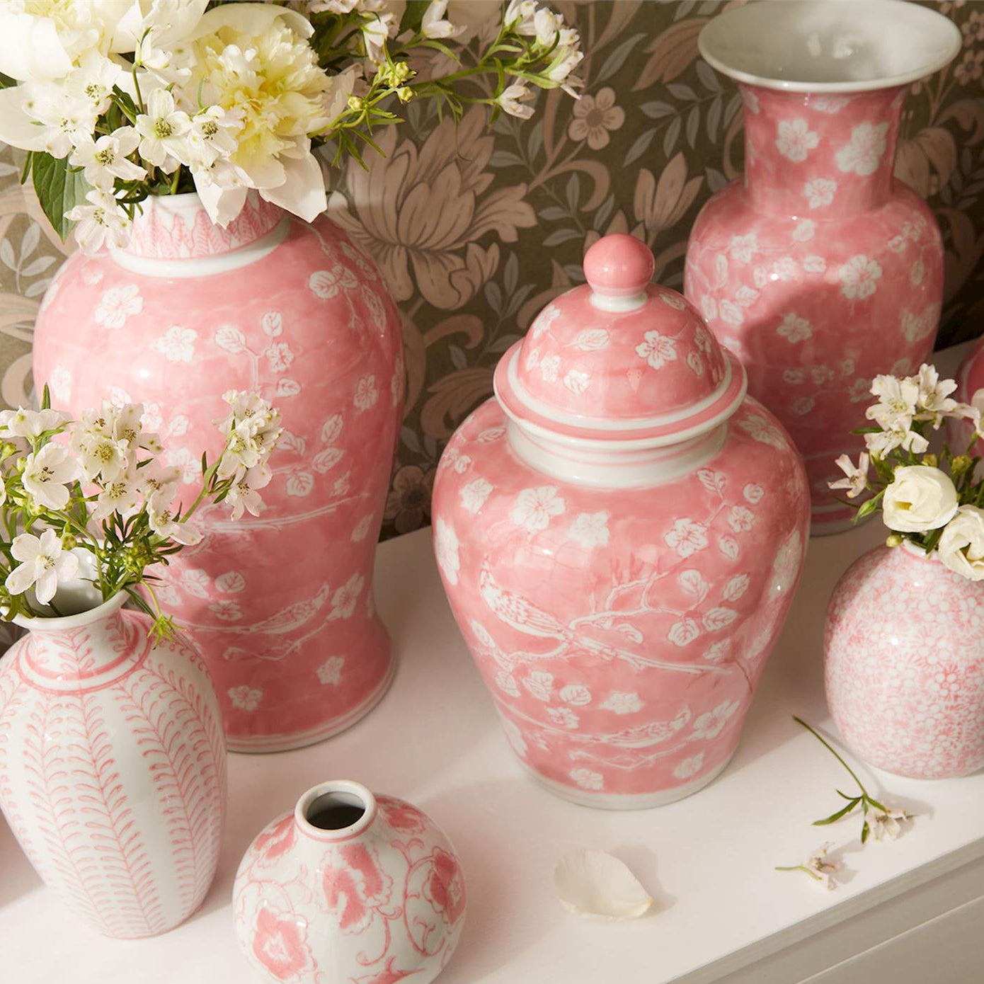 Pink Chinoiserie Covered Jar Set of 3
