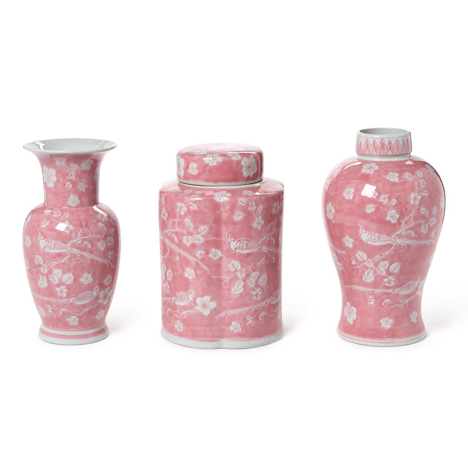 Pink Chinoiserie Vases/Jar Set of 3