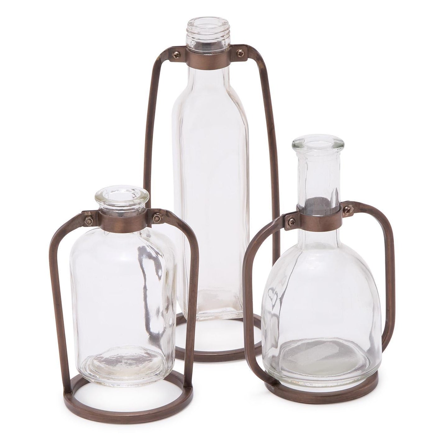 Glass Bottle Vase with Metal Stand Set of 3
