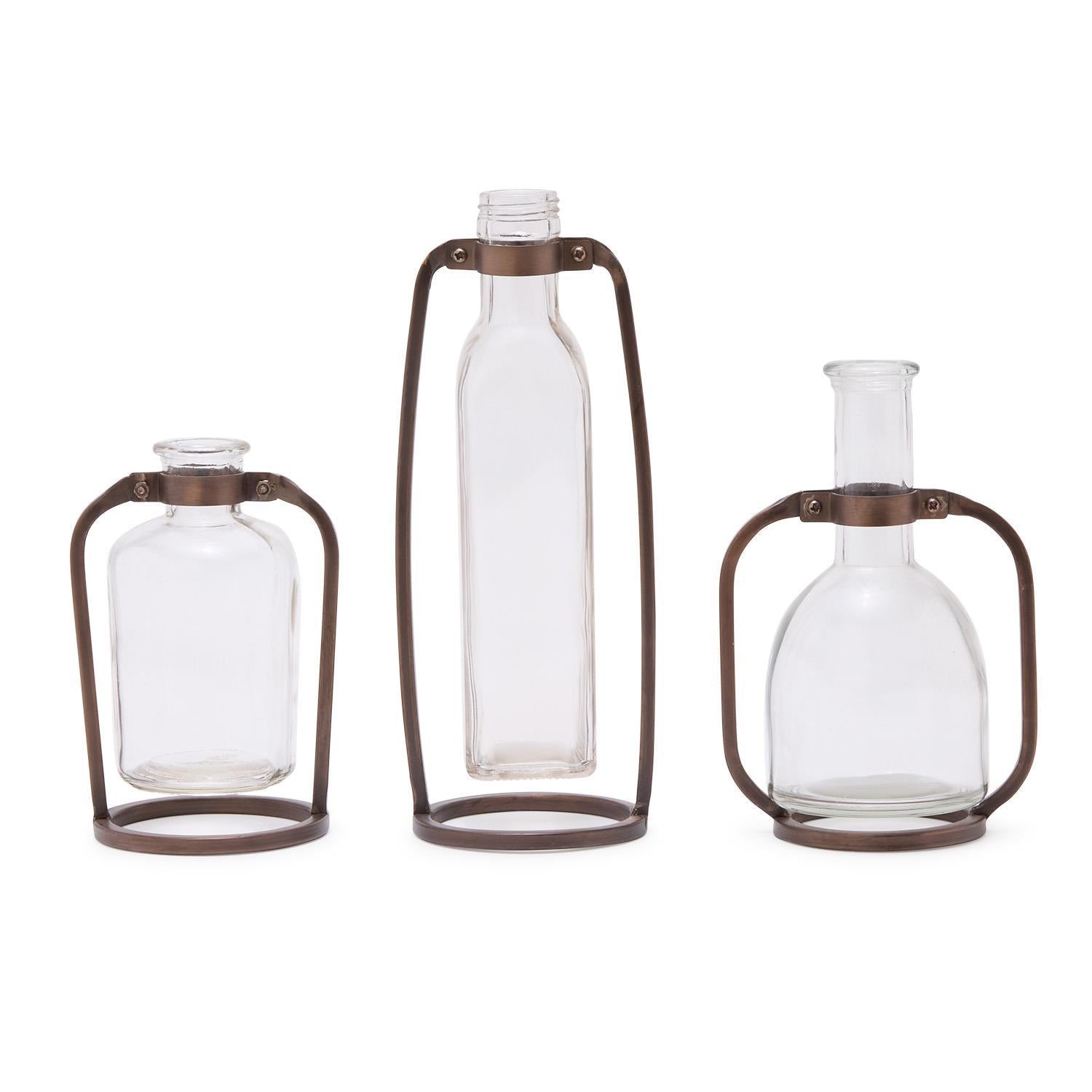 Glass Bottle Vase with Metal Stand Set of 3