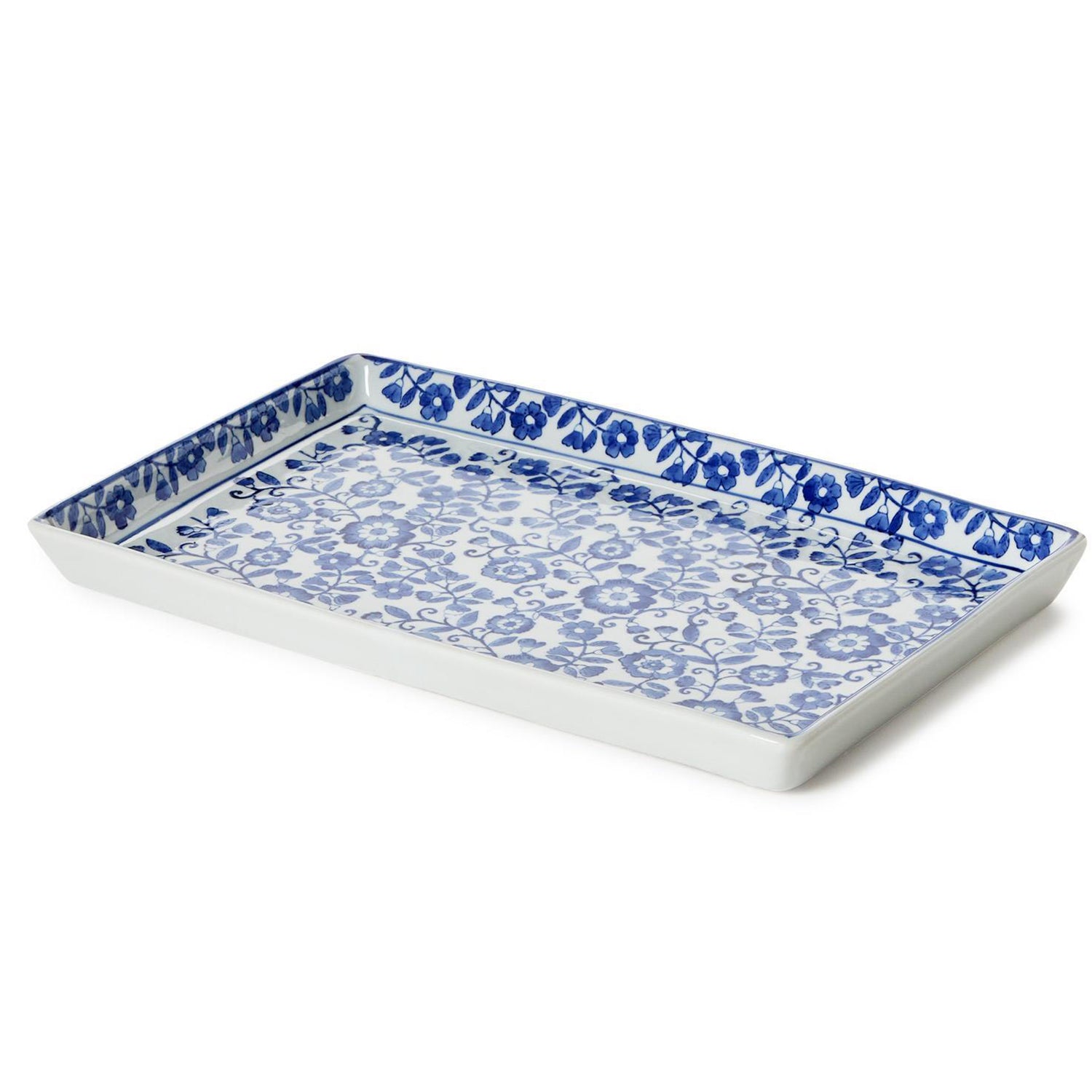 Chinoiserie Hand-Painted Blue and White Floral Tray