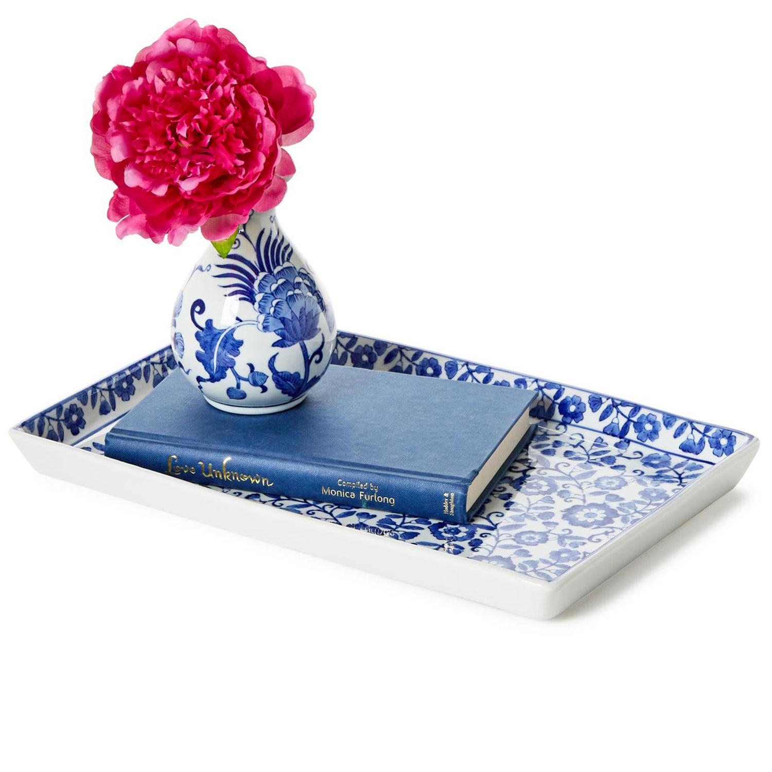 Chinoiserie Hand-Painted Blue and White Floral Tray