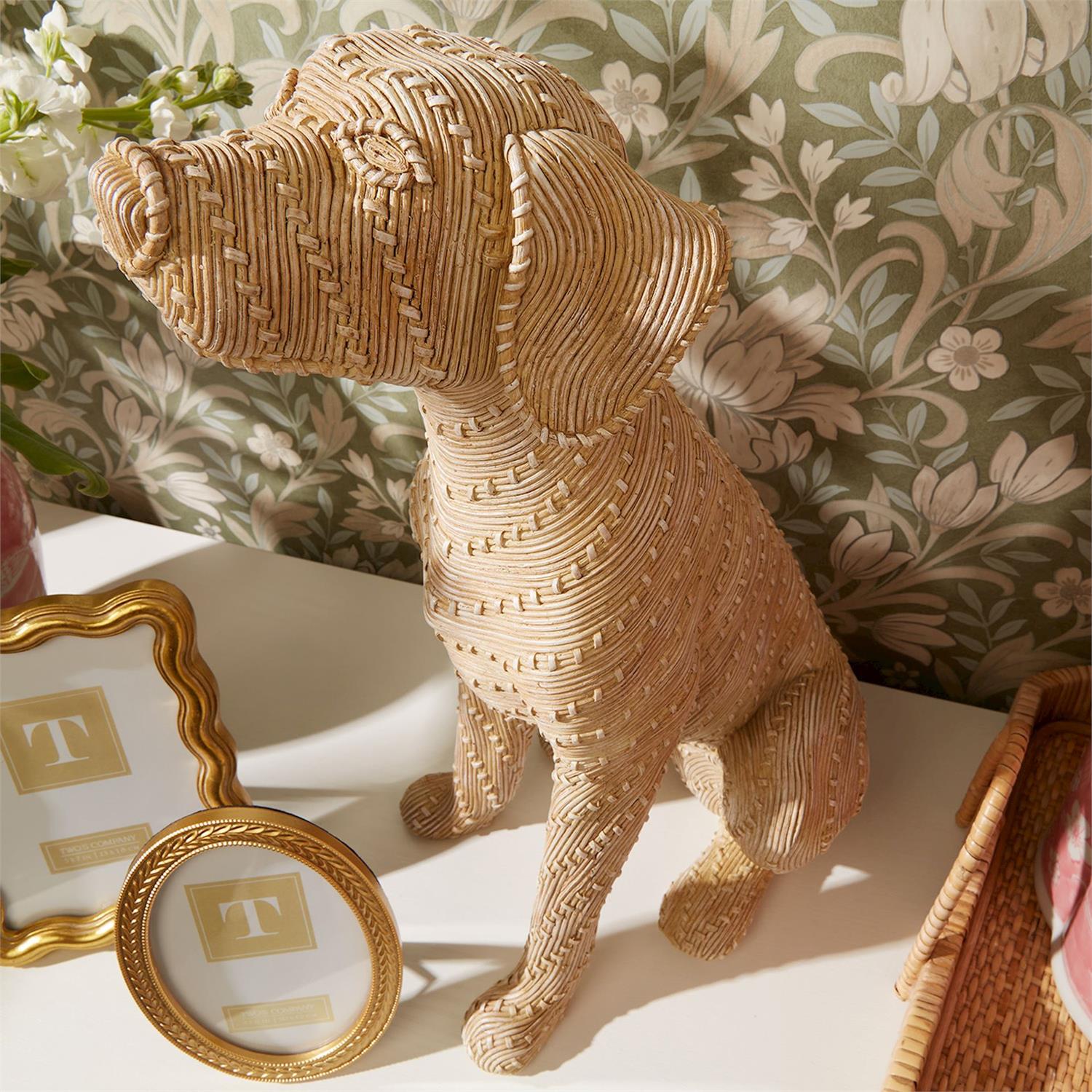 Basket Weave Pattern Sitting Dog Sculpture