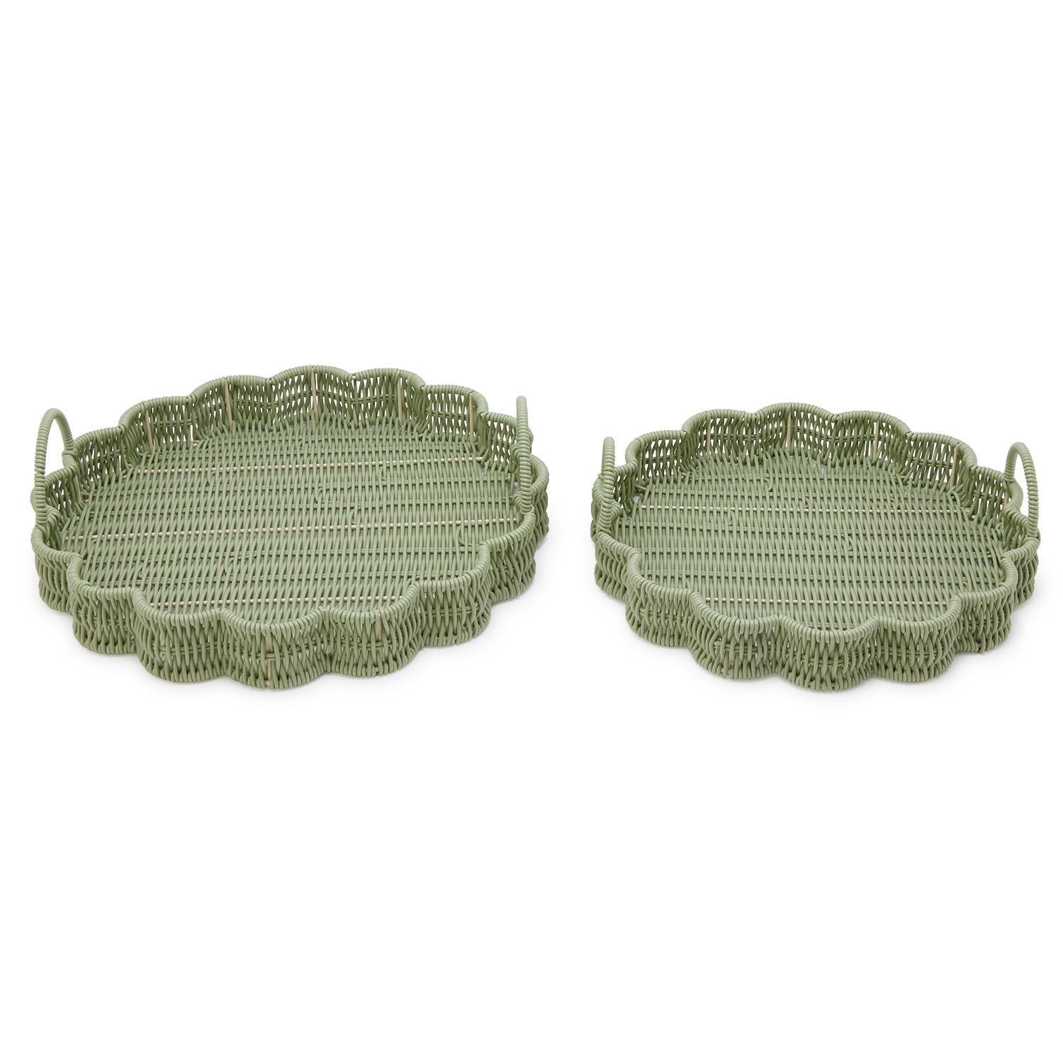 All Weather Wicker Scalloped Edge Green Round Serving Tray Set of 2