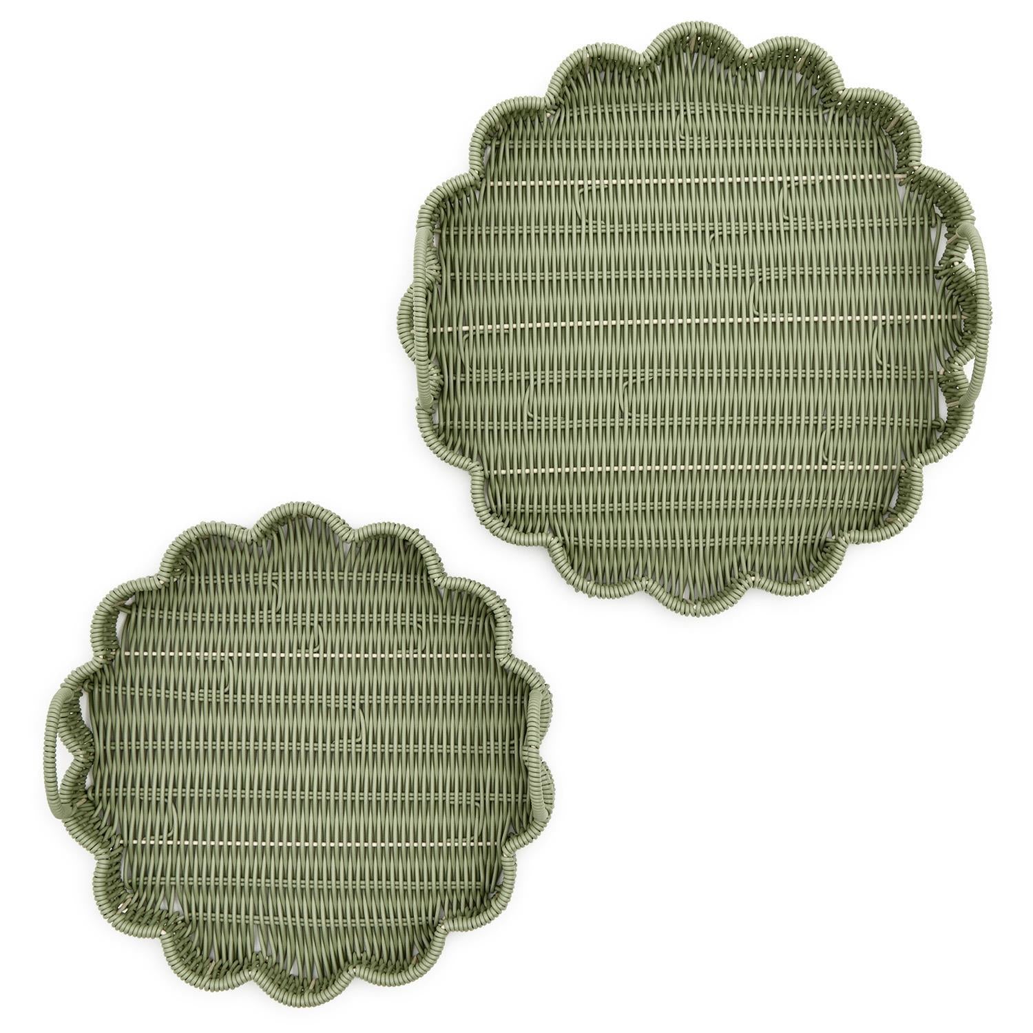 All Weather Wicker Scalloped Edge Green Round Serving Tray Set of 2