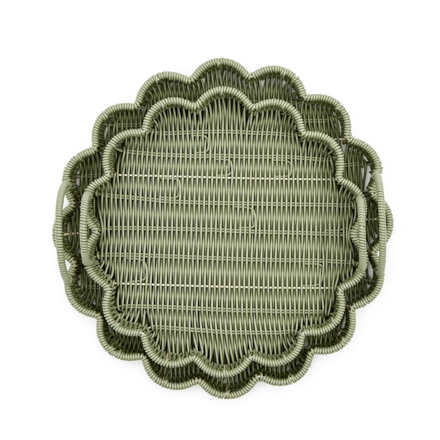 All Weather Wicker Scalloped Edge Green Round Serving Tray Set of 2